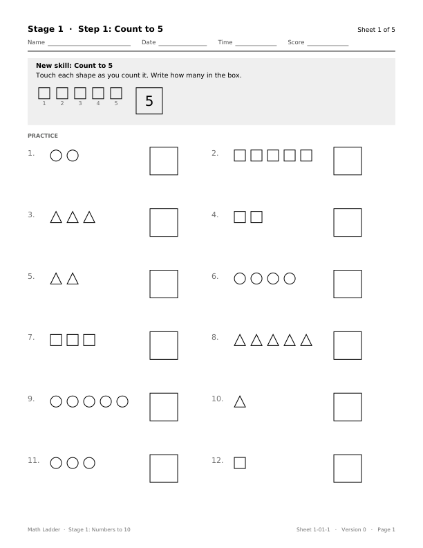 First page of Stage 1, Step 1, sheet 1: tracing numbers (untimed)