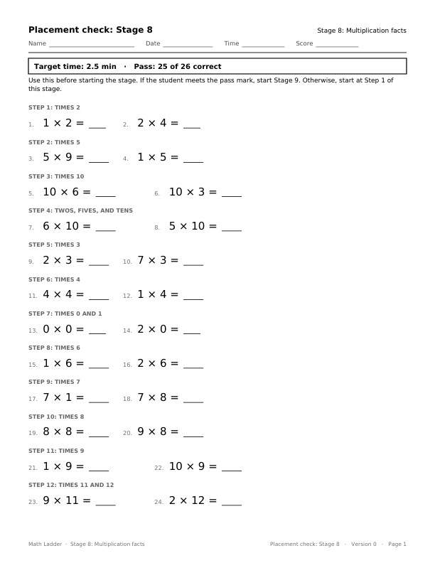 First page of Stage 8 placement check