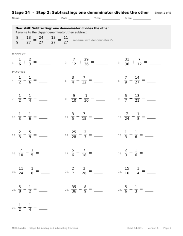 First page of Stage 14, Step 2, sheet 1: adding fractions